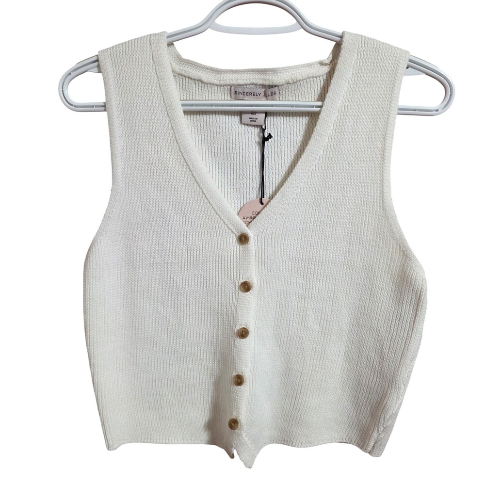 Sincerely Jules Women Large Sweater Vest Cream Button Front Ribbed Knit Crop